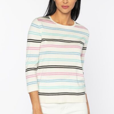 Hot Kinross Cashmere Double Stripe Crew Ivory Multi