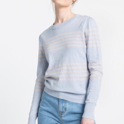 New Kinross Cashmere Gathered Sleeve Stripe Crew