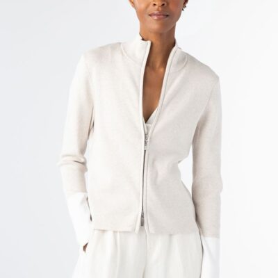 Hot Kinross Cashmere Contrast Trim Zip Mock Cardigan