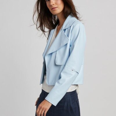 Clearance  Adrøit Atelier Ninon Short Vegan Leather Open Front Jacket Blue Sky